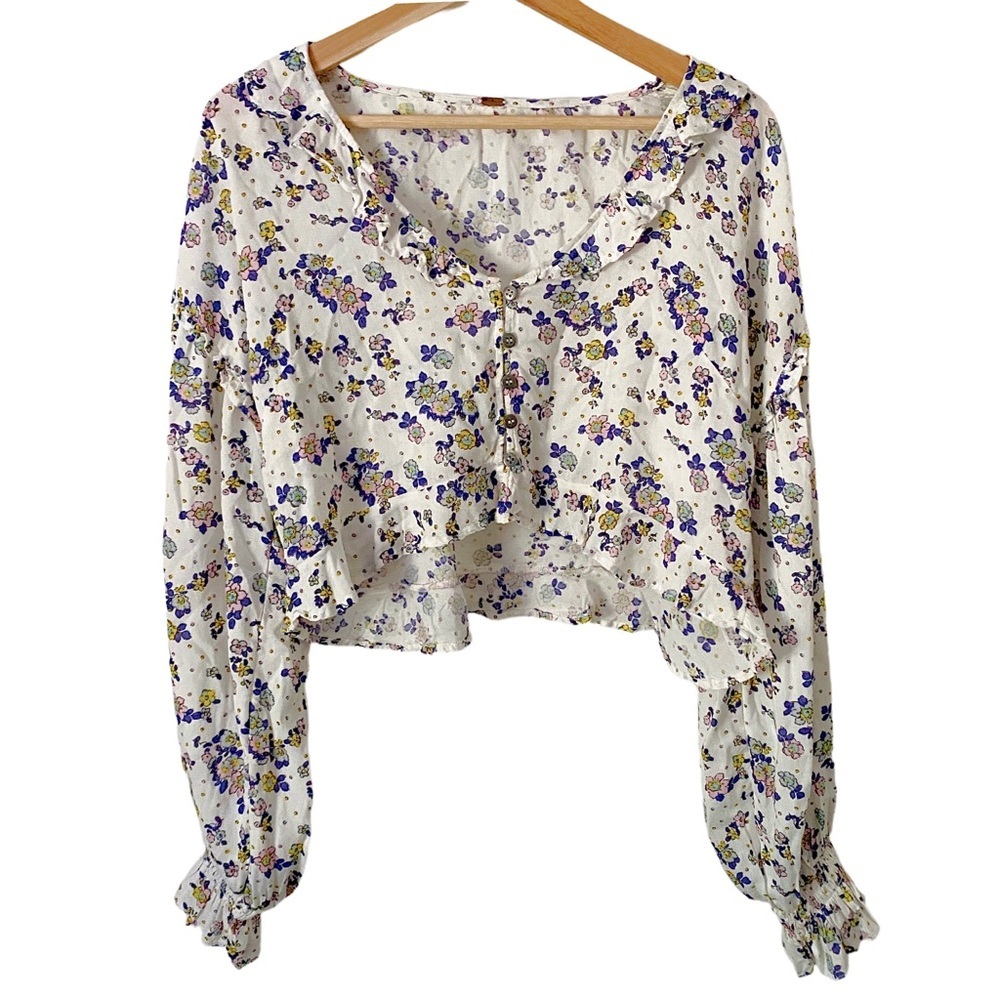 Free People Secret Garden Floral Ruffle Cropped Top Long Sleeve Blouse Lavender
